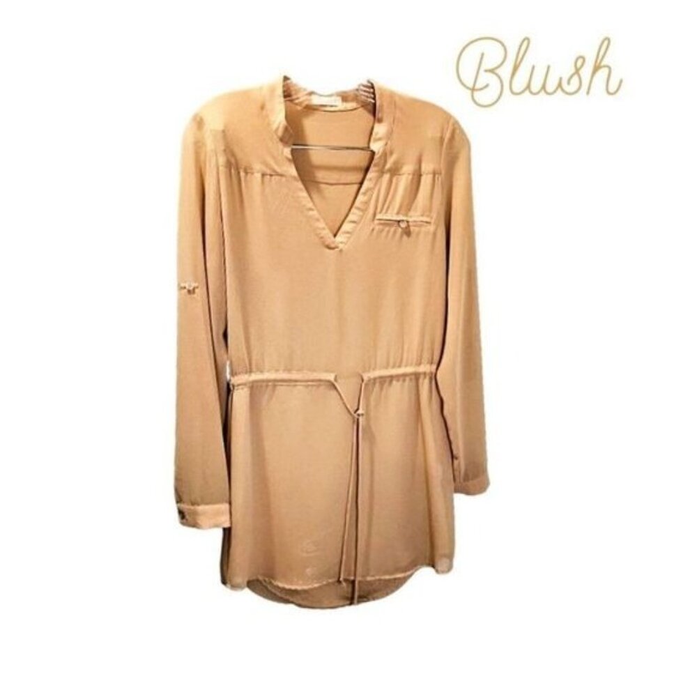 BLUSH Women's V- Neck Long sleeve Tie Waist Hi Lo Hem Dress‎